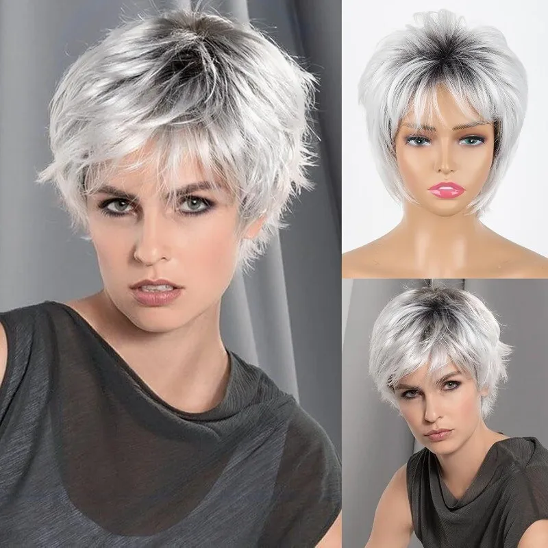 

Ladies Wig Short Black To Light Silver Gray Women's Hair Curly Wig+Wig Cap