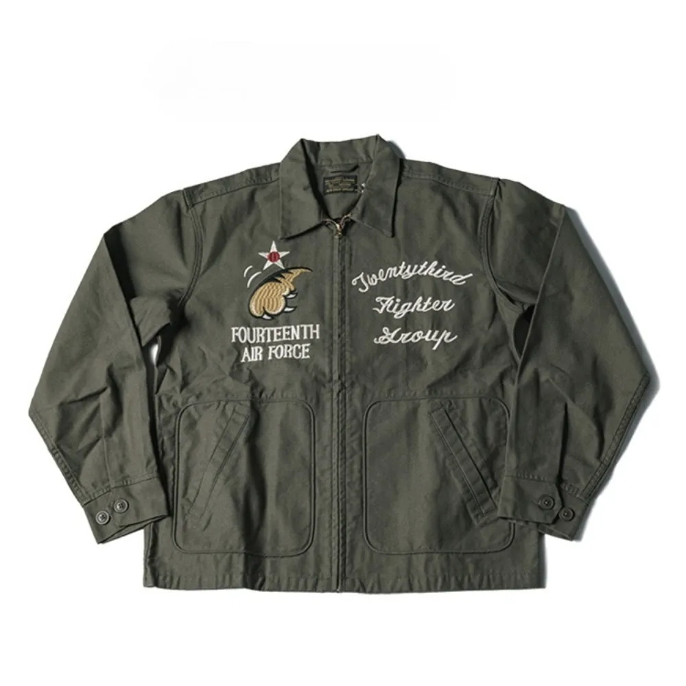 

Flying Tigers Embroidered Memorial Jacket Vintage Fashion Full Zip Top Olive Green Canvas Jacket Men's Fashionable Style Coat
