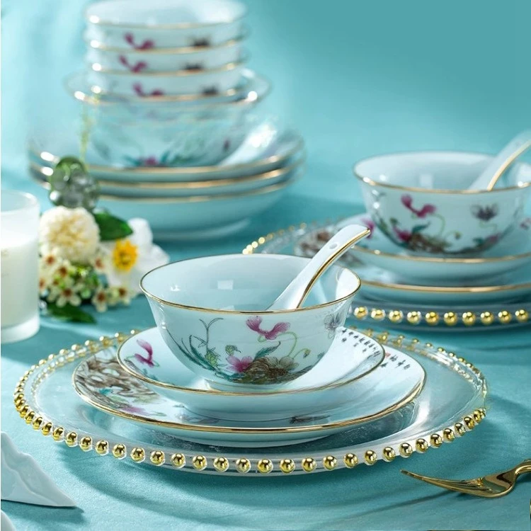 High temperature celadon tableware, kaolin enamel color light luxury bowl set