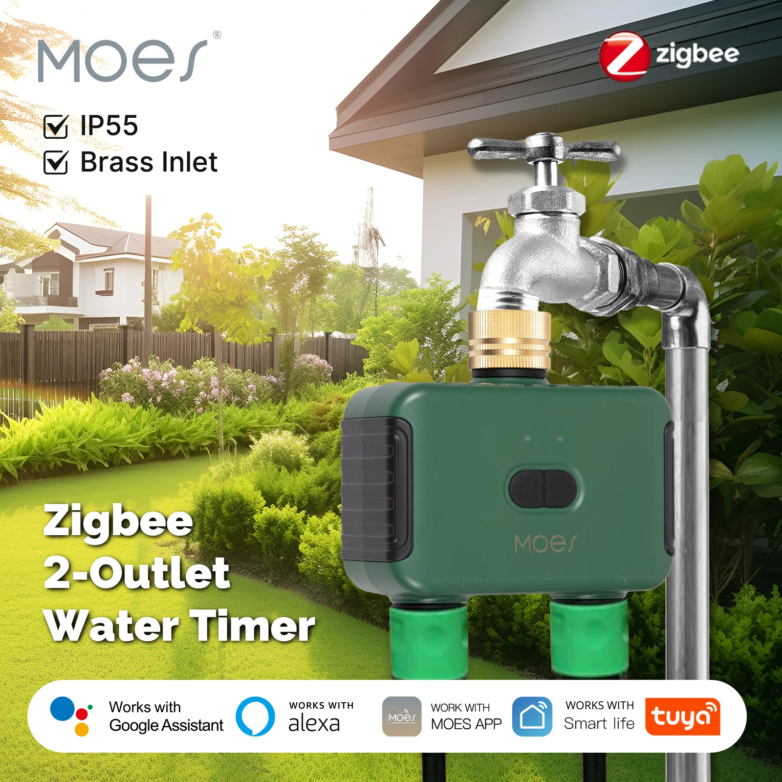 

MOES Tuya Smart ZigBee 2-Outlet Water Timer Brass lnlet Sprinkler with Filter Programmable Irrigation Work With Alexa GoogleHome