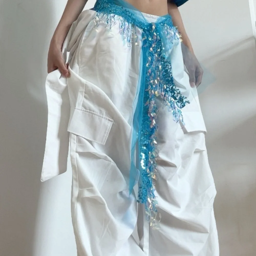Jeans Decor Jazz Dance Hip Scarf Y2K Hip-hop Tassels Belt Shirt Extender Triangular Scarf Sequin Waistband