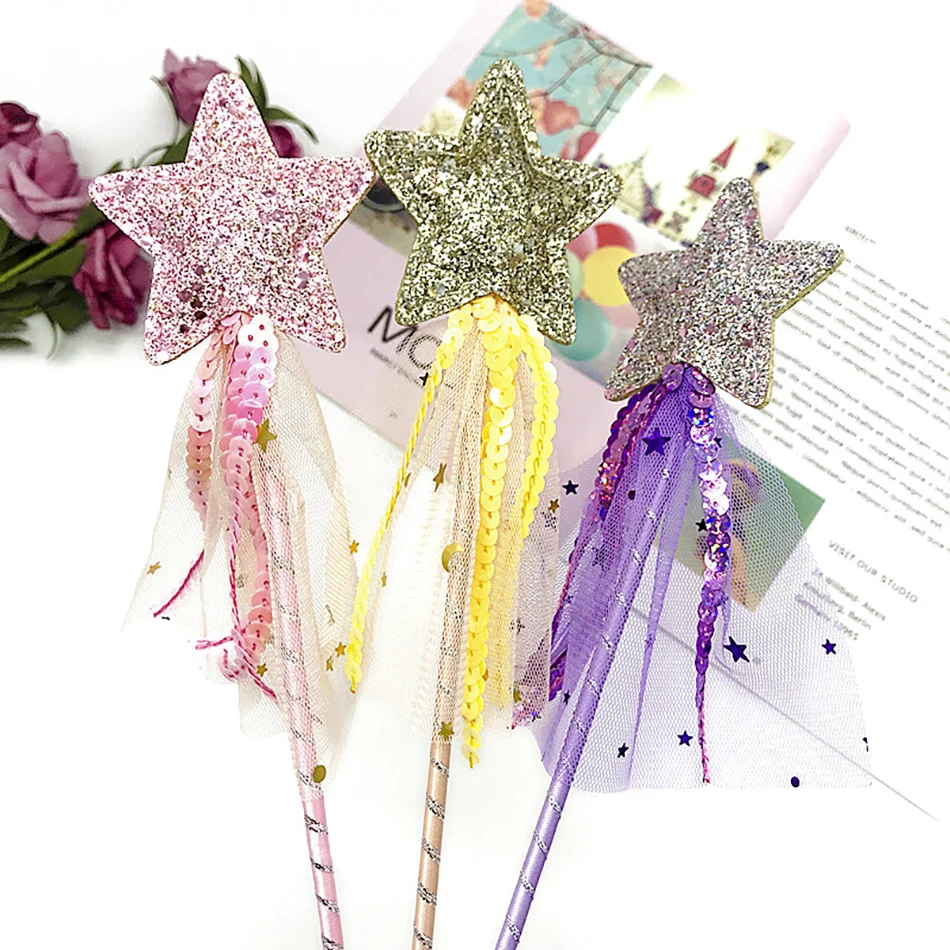 Fantasy Five-pointed Stars Wand for Children Halloween Princess Wand with Glitter Stars and Tassels Magical Playtime Accessories