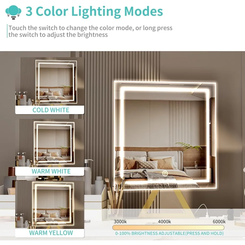 مكتب مكياج صغير من Lufeiya مع مرآة وإضاءة، طقم مكاتب زينة بيضاء مقاس 32 بوصة مع أدراج قماشية للفتيات المراهقات، فستان #4