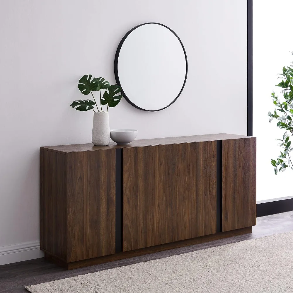 Liss Contemporary 4-Door Minimalist Sideboard 70 Inch Dark Walnut Storage Cabinet