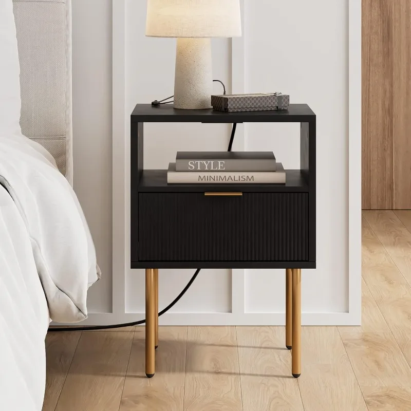 

Nightstand with Charging Station,Mid-Century Modern Bedside Table with Storage Drawer and Open Wood Shelf