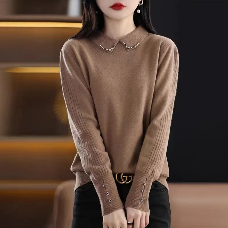 Autumn Winter Camere Knitted Long Sve Doll Collar Women's Diamond Embedded Wool Base irt Slim Fit Commute Sle Pure C...