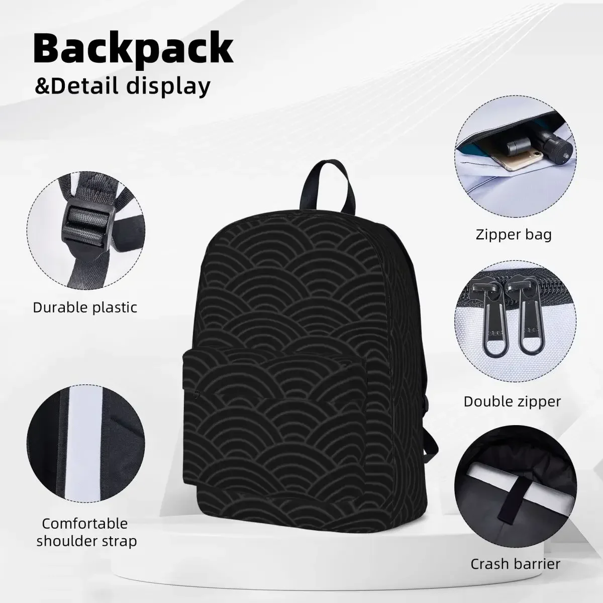 Japanese Seigaiha Dark Pattern Backpack Casual Children School Bag Laptop Rucksack Travel Rucksack Large Capacity Bookbag