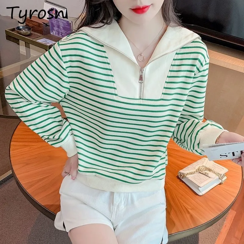 Striped Sweatshirts Women Sailor Collar New Chic Autumn Korean Trendy Loose Long Sleeve Contrasting Colors Pullover Cropped Tops