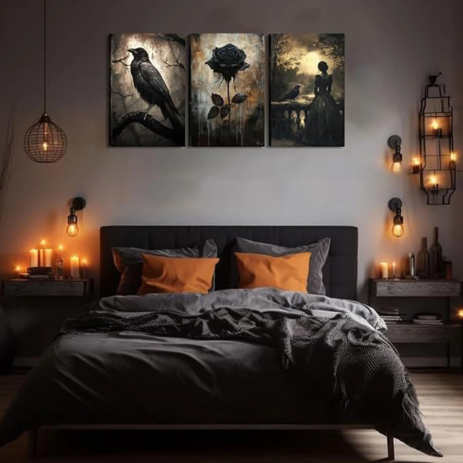 Fullcang Diy Diamond Embroidery Triptych Woman Crow Black Rose Diy Diamond Painting Full Drill Mosaic Cross Stitch Picture 3Pcs
