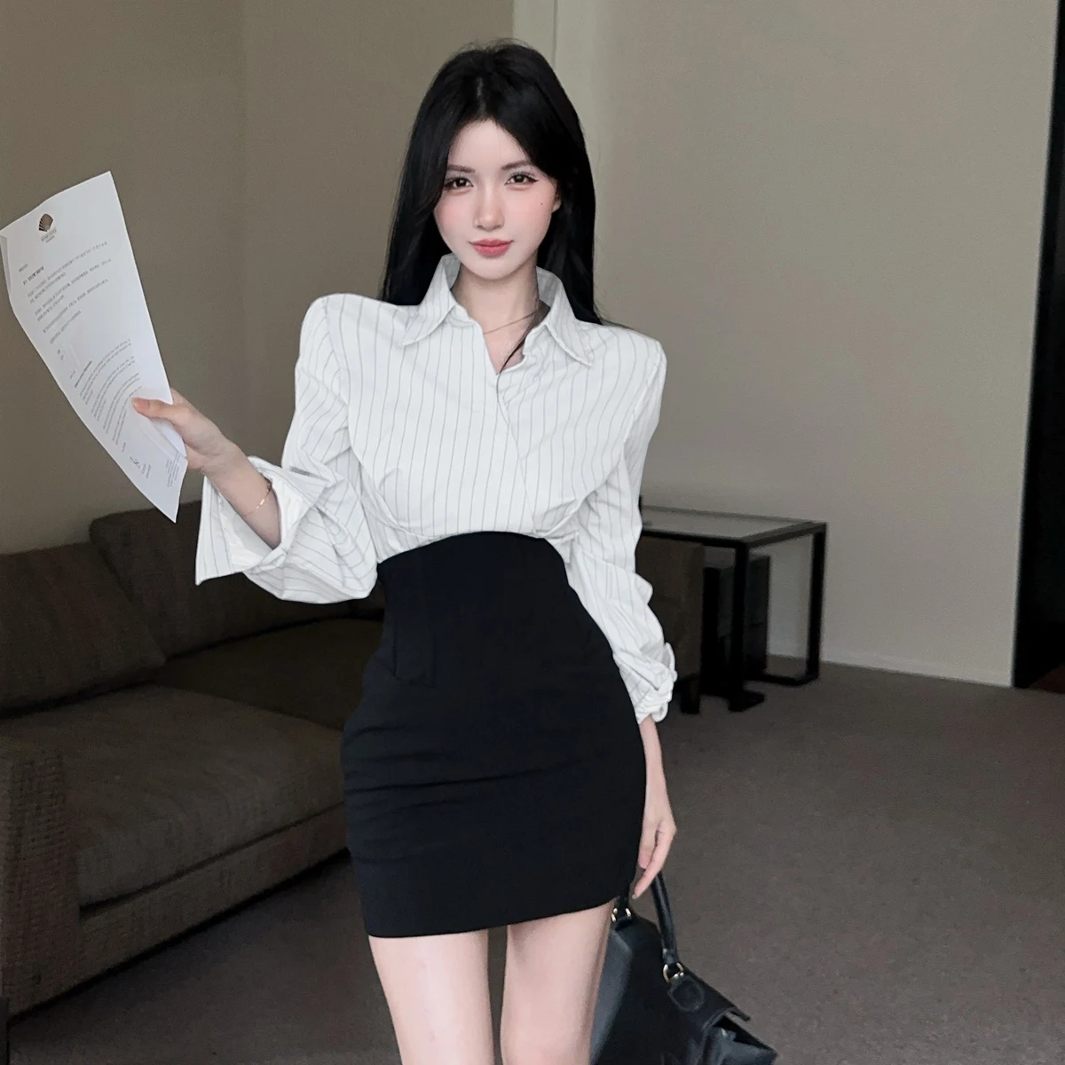 Pure Desire Spicy Girl V-ne Stripe Casual Profional irt Set Vita alta Fibone ort Gonna Autunno Inverno Faion Ense...