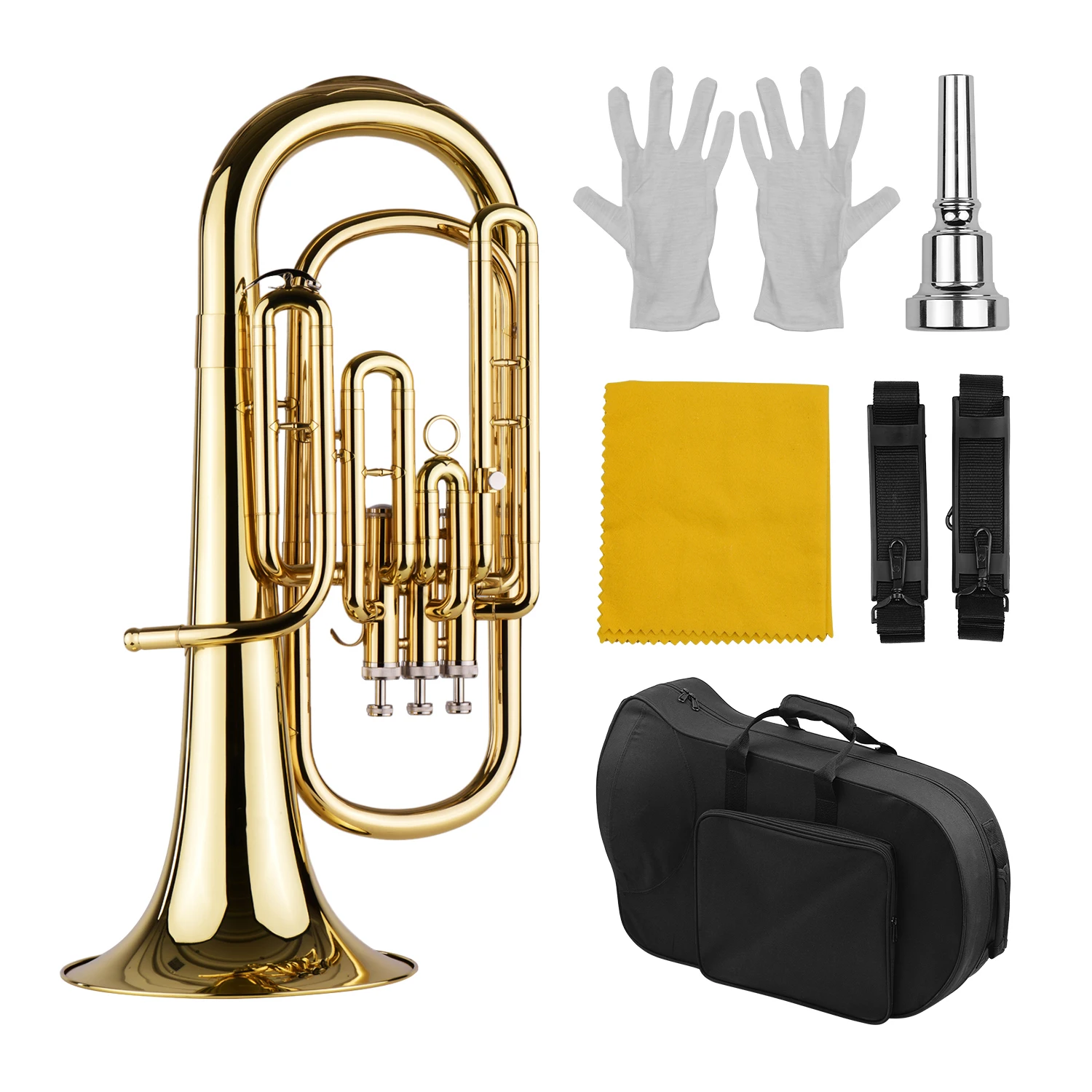 Brass B Flat Baritone Bb Wind Instrument Gold Lacquer Surface Baritone with Carry Case Mouthpiece Gloves Cleaning Cloth