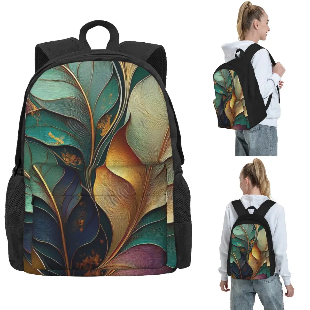 Beautiful Leaves In Stained Glass Style Backpack Hot Sale Daypack Large Capacity BookBag School Bag Shoulder Bags for Men Women