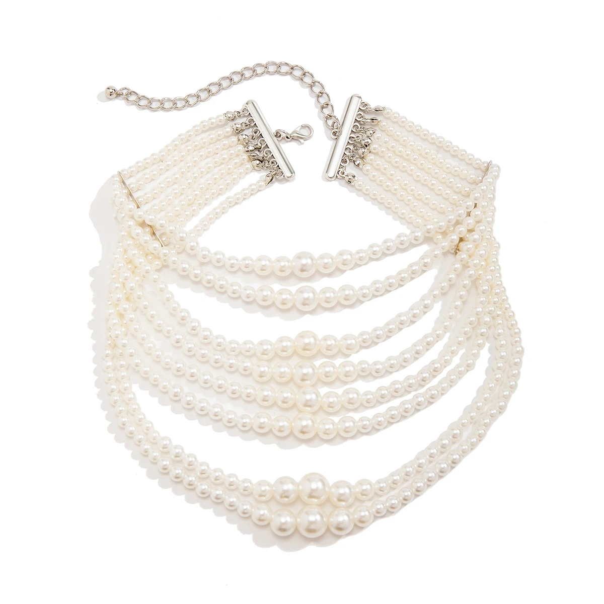 IngeSight.Z Multilayer White Imitation Pearl Choker with Metal Slice Fixation Wide Bib Necklace for Women Bridal Party Jewelry