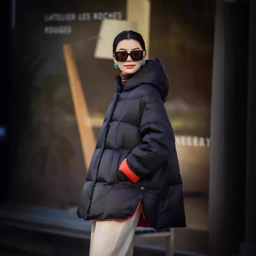 المرأة سترة شتوية المتضخم ألف خط التباين اللون مقنعين رشاقته معطف دافئ الفنية المرقعة سترة منفوخة العصرية