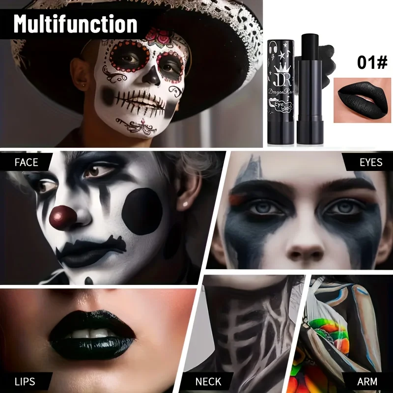 Set cosplay di Halloween con fondotinta liquido bianco e rossetto nero, adatto per adulti, finitura opaca, lunga durata per tutti i tipi di pelle