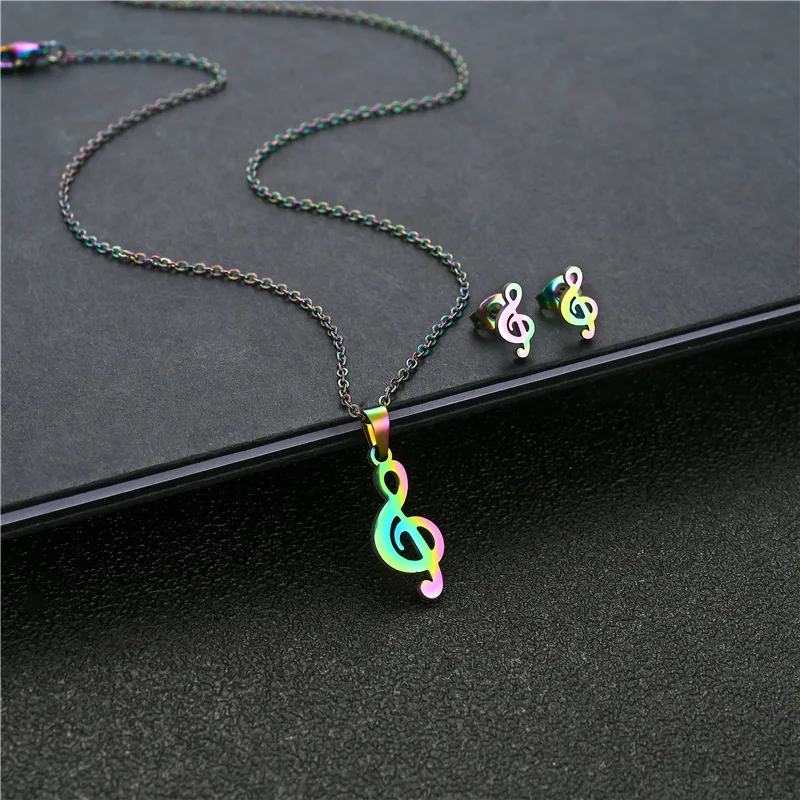Hip Hop Stainless Stee Musical Note Jewelry Set For Girls Tragus Piercing Earring Necklace Pendant Clavicle Chain Choker