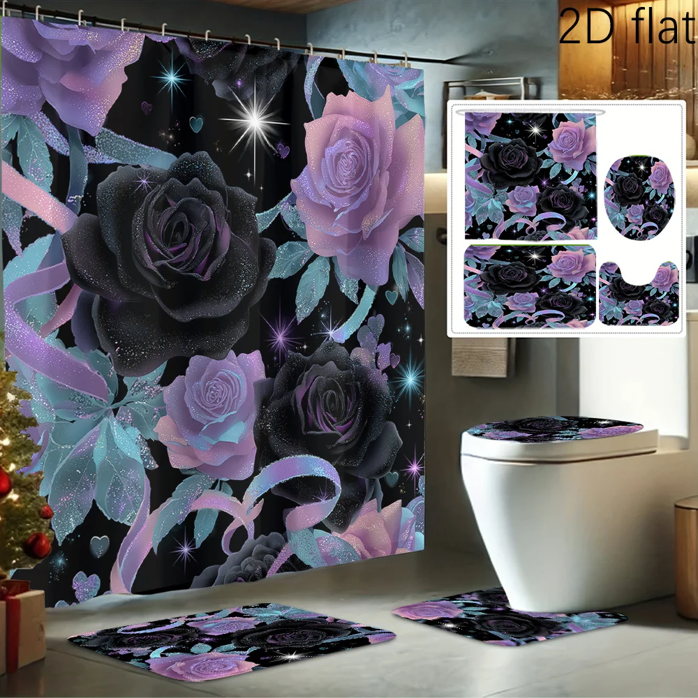 

2D Flat 1pc/4pcs Dreamy Starry Sky Rose Print Shower Curtain Set, Bathroom Decor Kit Includes Shower Curtain, Non-Slip Mat, Toil