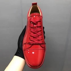 Trendy women's shoes, low cut men's shoes, red patent leather lace up casual couple shoes, red soled shoes, board shoes