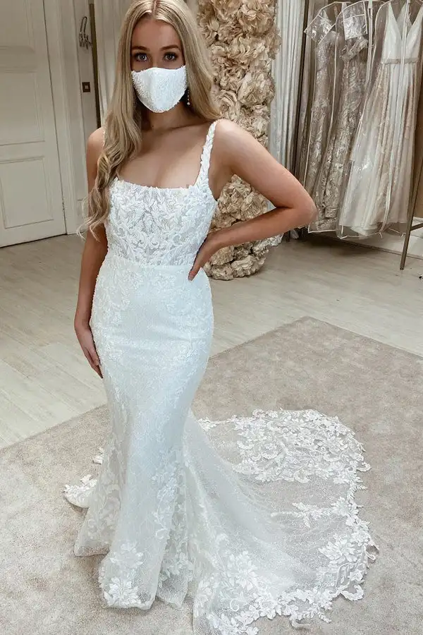 Robe de mariée sirène en dentelle de luxe, style Boho, bretelles spaghetti, dos nu, pour les patients de plage, quelle que soit la longue traîne, été