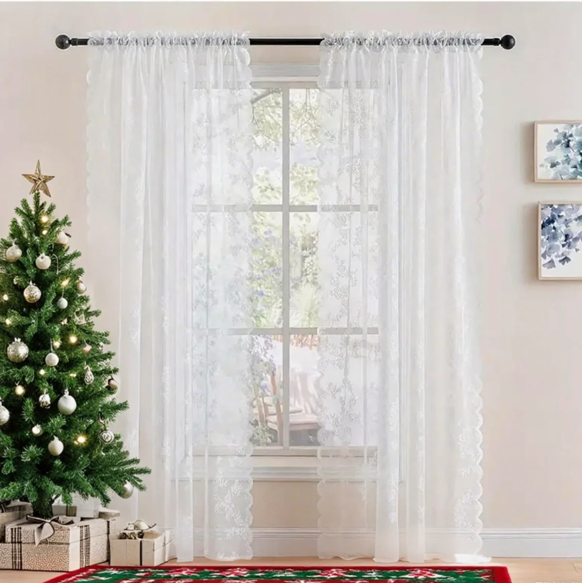 1PC Christmas White Lace Curtains for Living Room Bedroom, Sheer Curtains Rose Floral Embroidered Farmhouse Window Drapes
