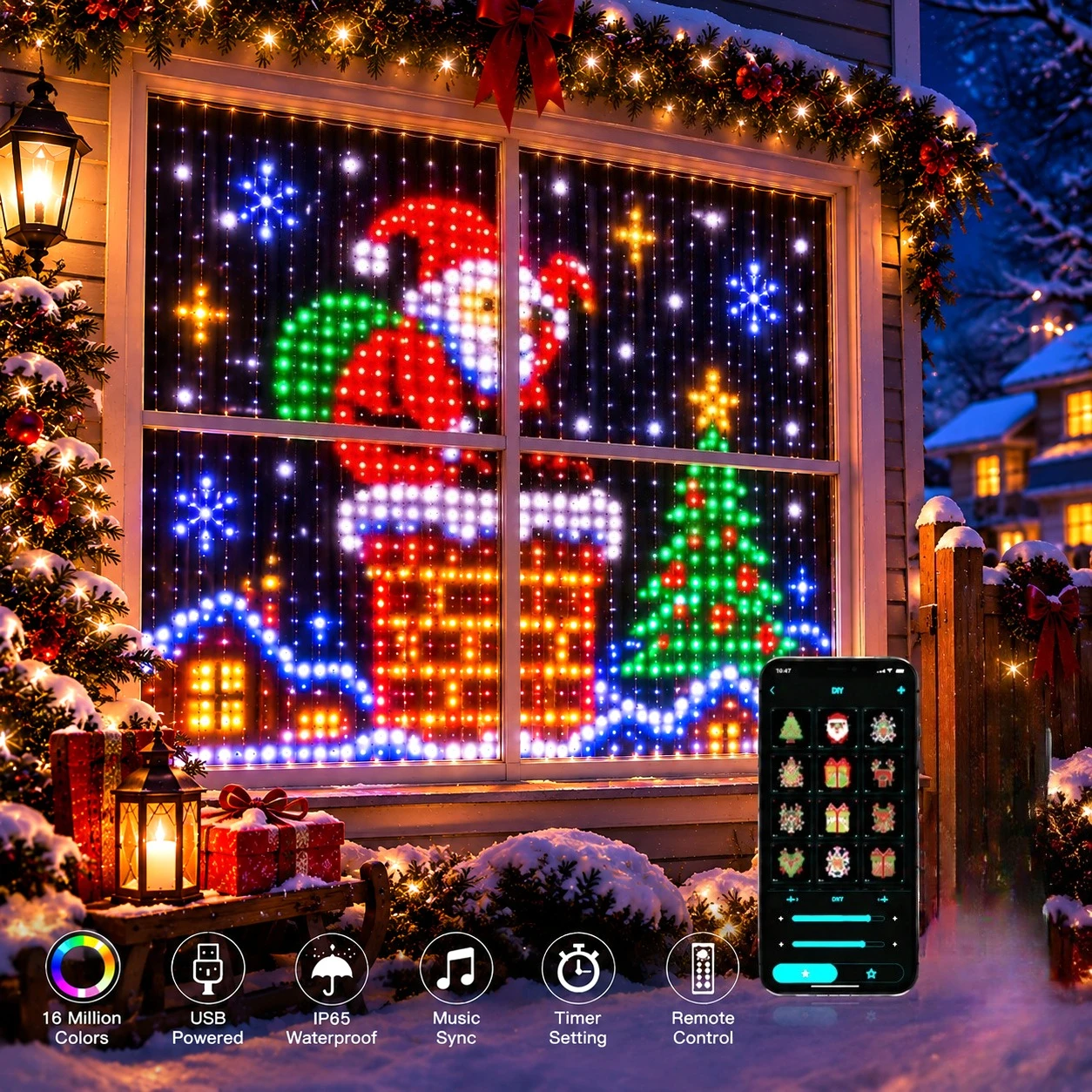 LED Pixel Curtain Lights Bluetooth APP Control RGB Smart DIY Window Christmas Holiday Party Home Indoor Decor