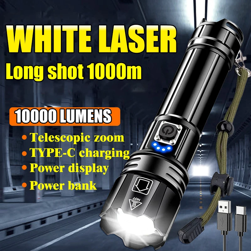 

10000LM Super Bright White Laser Flashlight With 26650 5000mAh Battery USB Rechargeable Zoom LED Tactical Torch Camping Lantern