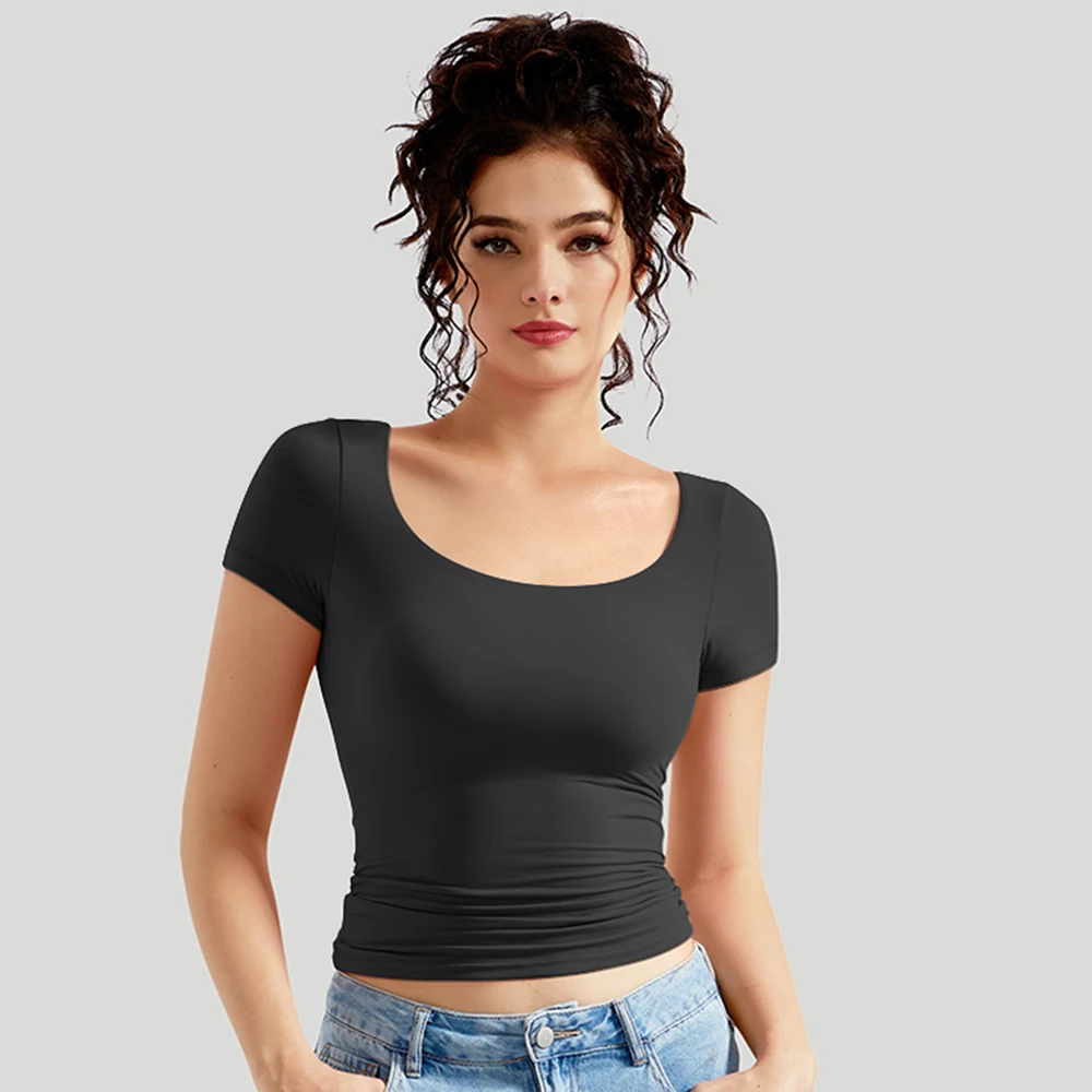 Damenkleidung Kurzarm T-Shirt Slim Fit Oberteile Weibliches O-Ausschnitt Hochelastisches T-Shirt Streetwear 2026 Einfarbige Y2K Tees Damen – Detail 1