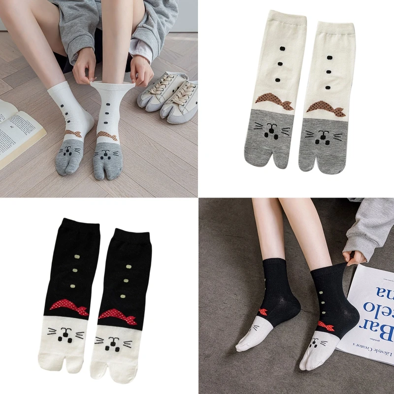 Women Cotton Split Toe Kimono Socks Japanese Cartoon for Cat Print Contrast Color 2 Finger Dropshipping