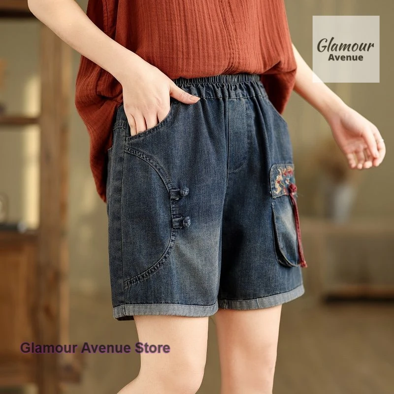 Nuovi pantaloncini tascabili in denim con ricamo letterario retrò cinese nuova estate nuovi pantaloni casual a quattro punti larghi e sottili in vita elastica