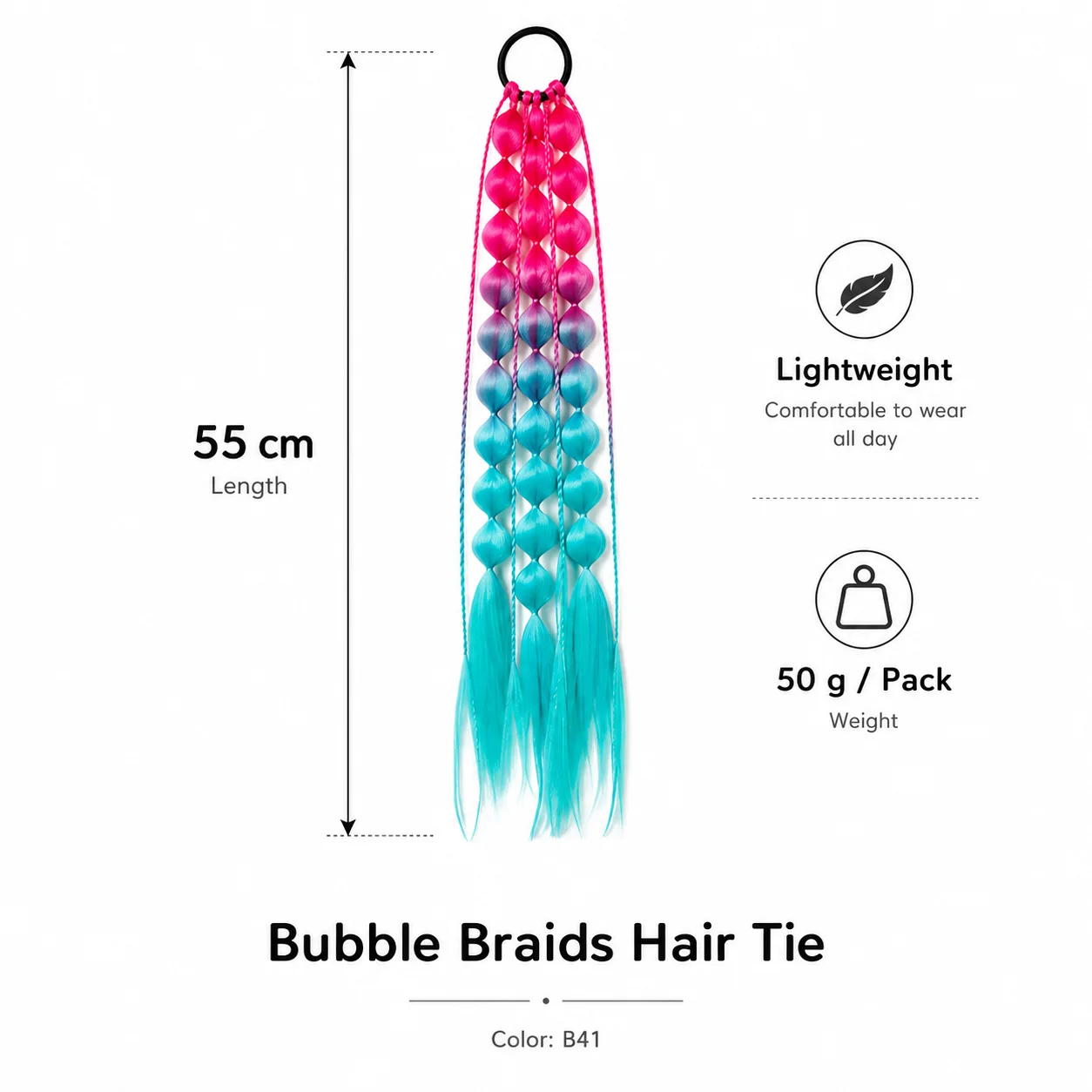 Bubble Braid Pferdeschwanz-Haargummi mit Farbverlauf, elastische Verlängerung, synthetisch, lang, geflochten, zum Wickeln, für Festival, Cosplay, Party, Damen und Mädchen – Detail 3