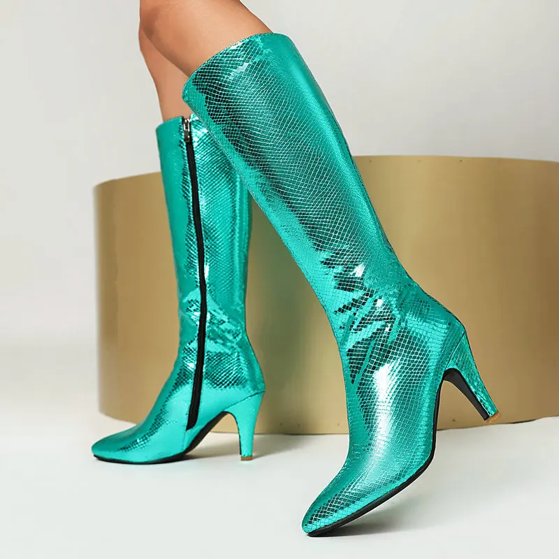 

Women Metallic Snake Print Knee High Boots Kitten High Heels Side Zip Pointed Toe Thigh High Boots Knee Riding Booties Woman