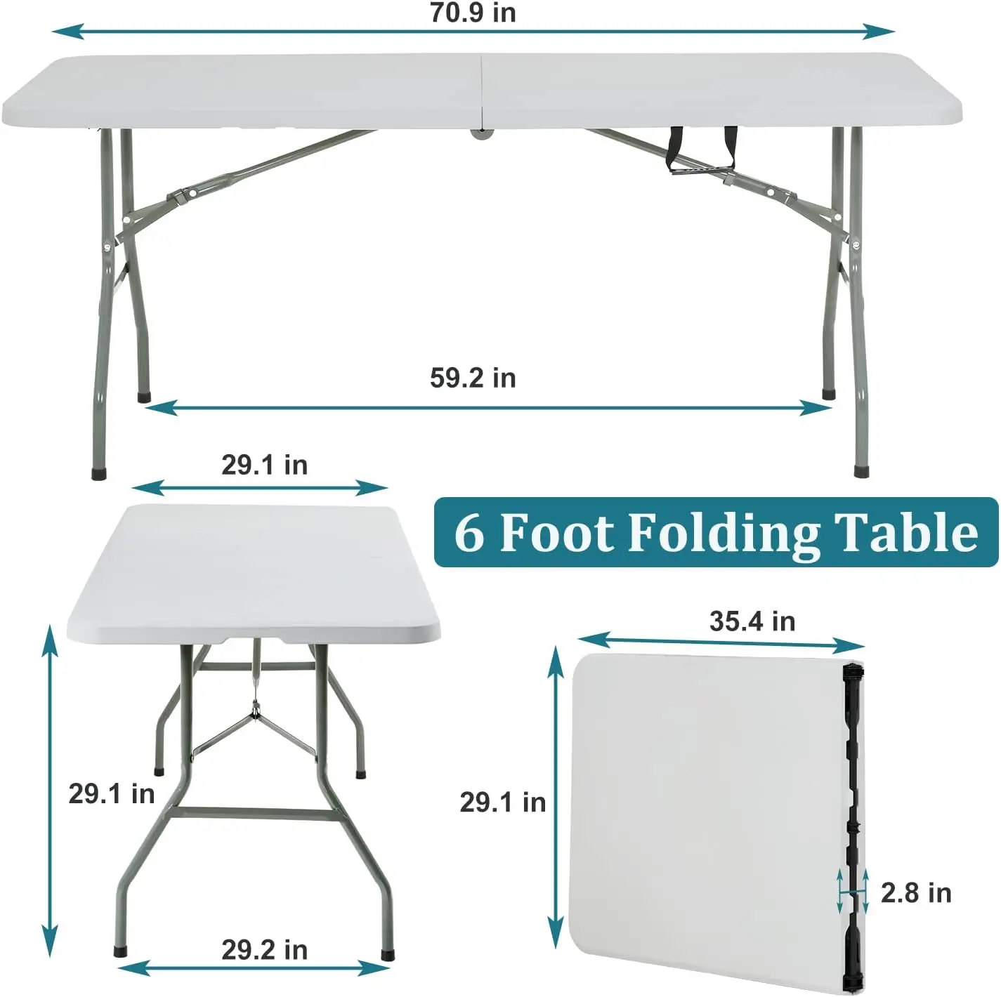 6FT Folding Table, Heavy Duty Plastic Table Portable Fold-in-Half Utility Table Indoor Outdoor Picnic Table w/Handle & Lock