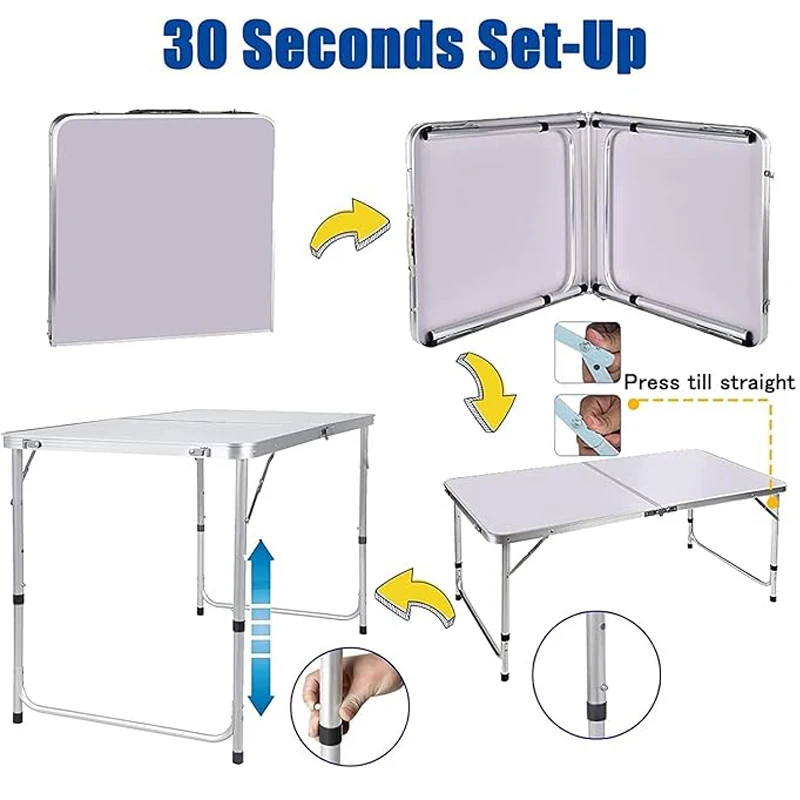 طاولة قابلة للطي 120 سم، طاولة تخييم للنزهات، مكتب دراسة للكمبيوتر المحمول، مع مقبض حمل، 3 ارتفاع قابل للتعديل، أبيض