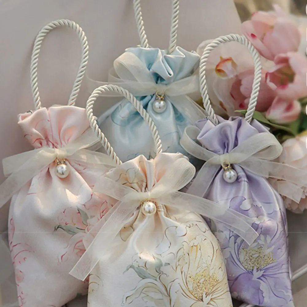 Flower Canvas Drawstring Bag Pearl Pendant Korean Style Festive Sugar Bag Storage Bag Jewelry Packing Bag Wedding Candy Bag