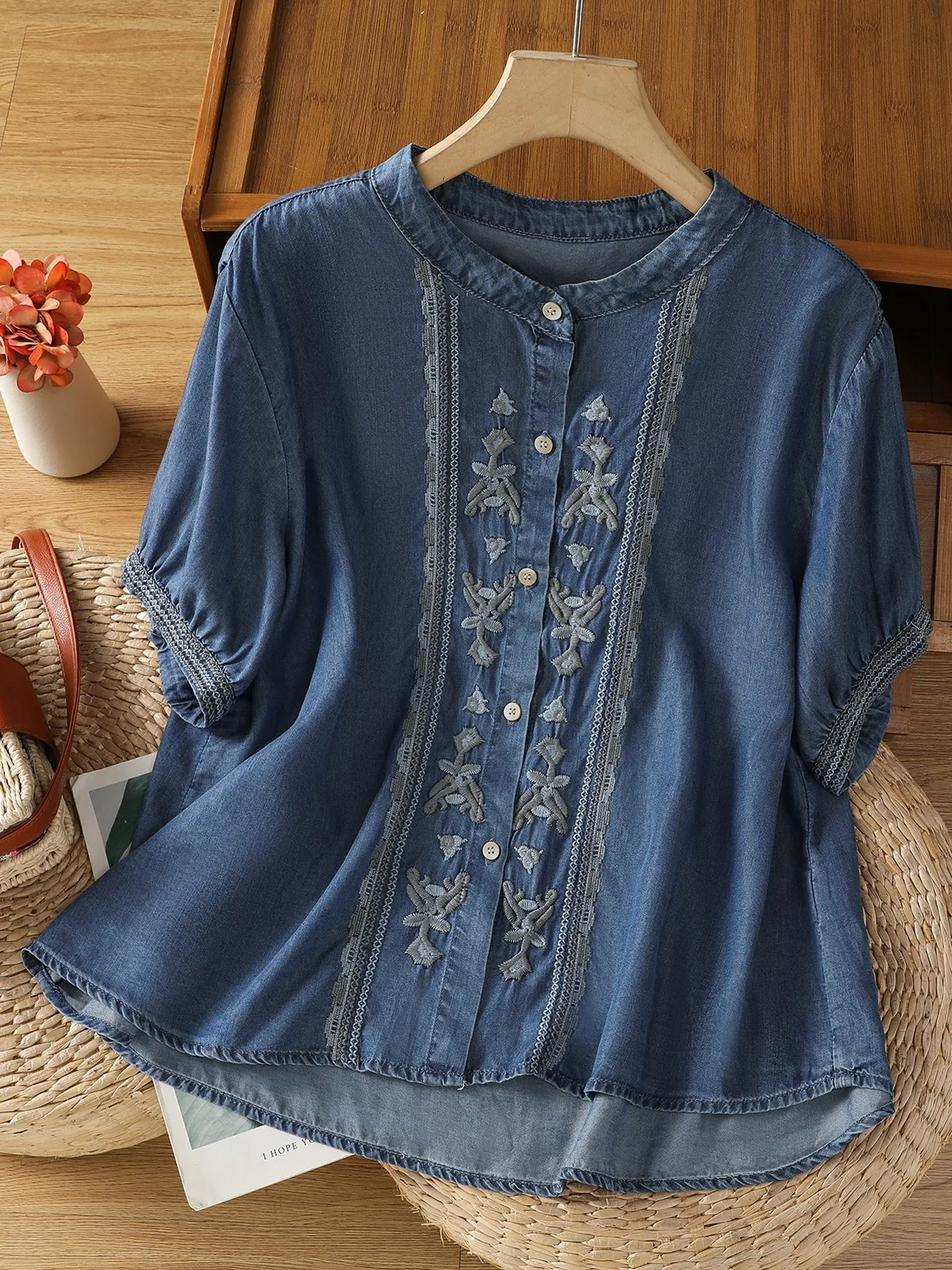 Retro seda jeans ort Sve bordado irt feminino verão fino luxo high-end ele chinês sle top algodão poliéster...