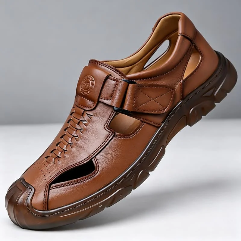 Men Faux Leather Sandals 2026 Summer New Magic Tape Hollow Out Breathable Hole Shoes Trend Non Slip Casual Men Leather Sandals