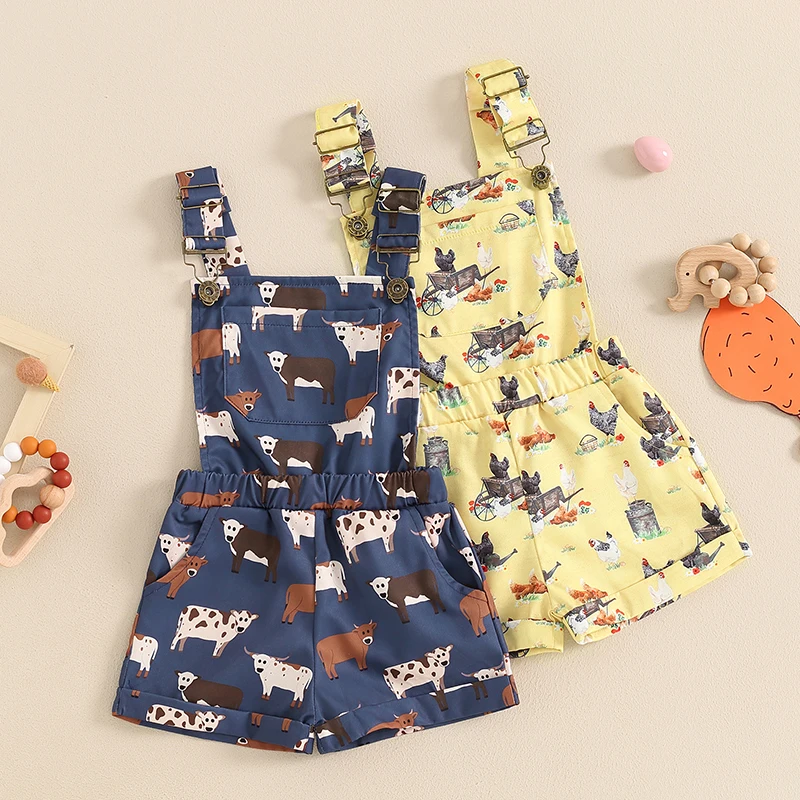 Suefunskry Kids Girls Overalls Farm Cow/Chicken Print Sleeveless Strap Buttons Pockets Shortall Summer Suspender Romper Jumpsuit