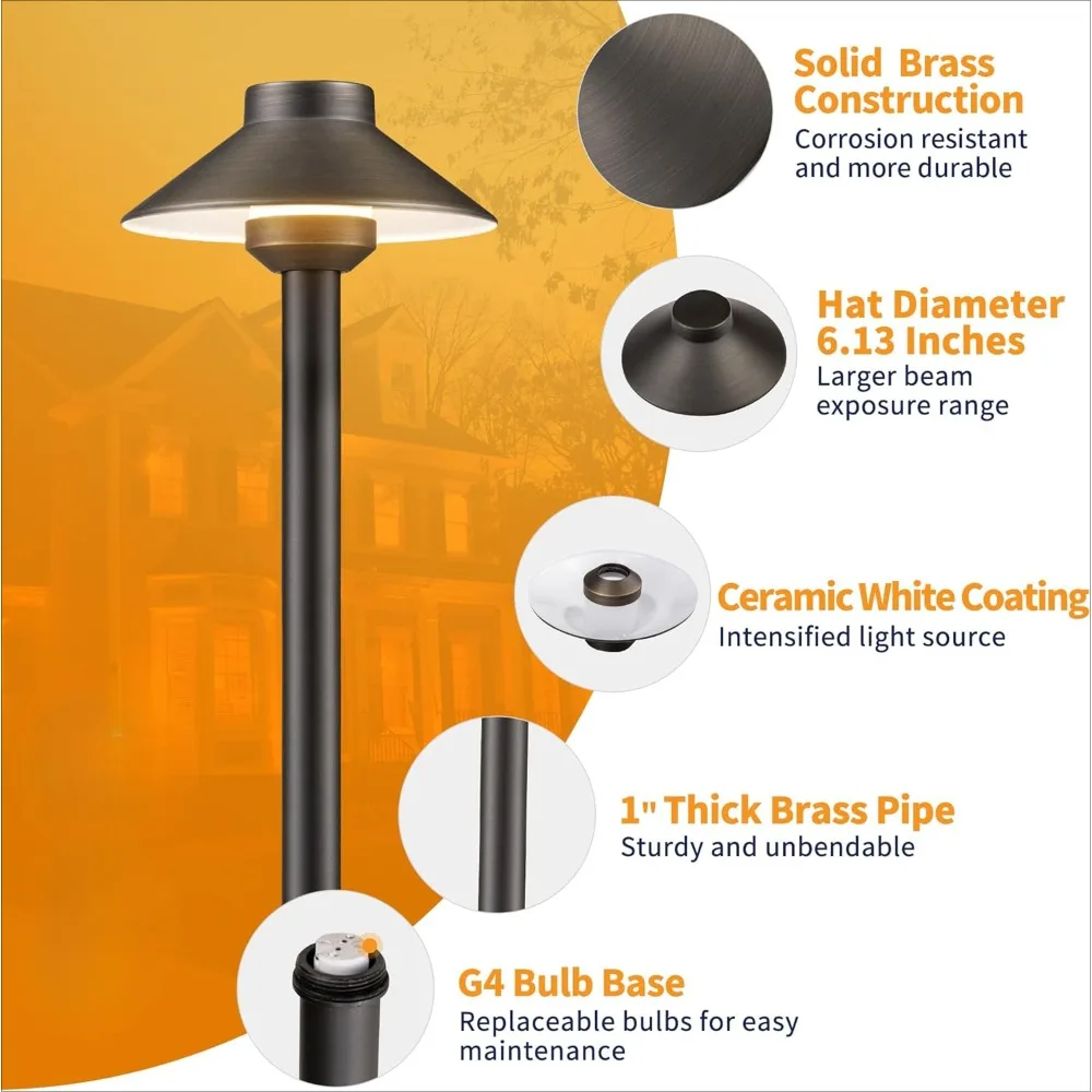 Low Voltage Landscape Sidewalk Lighting, Solid Brass Pathlights, Driveway Warm Light Waterproof, Hat Shaped