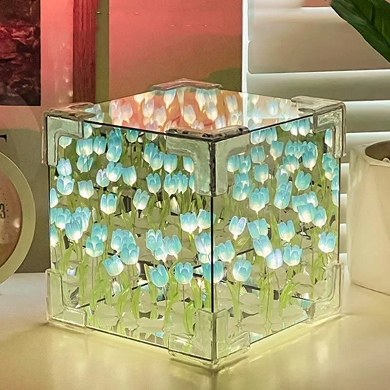 

Creative Handmade DIY Kits Tulip Flower Mirror Night Light Square Cube Lantern Desktop Ornament Lamp Home Bedroom Decor