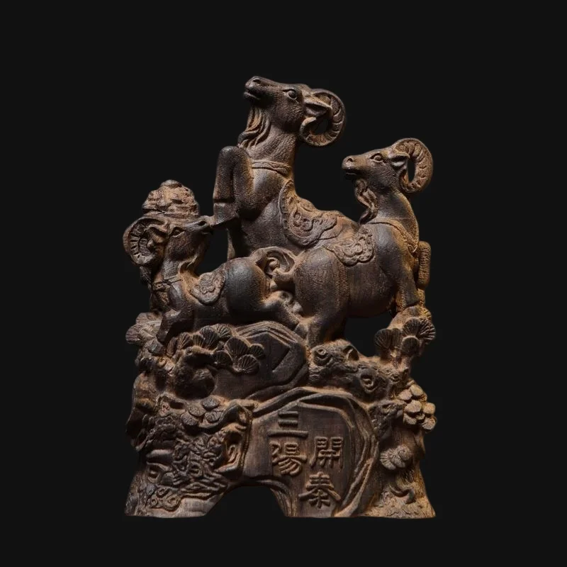 Hand-Carved Premium Wood Three Goats Statue - 8.3