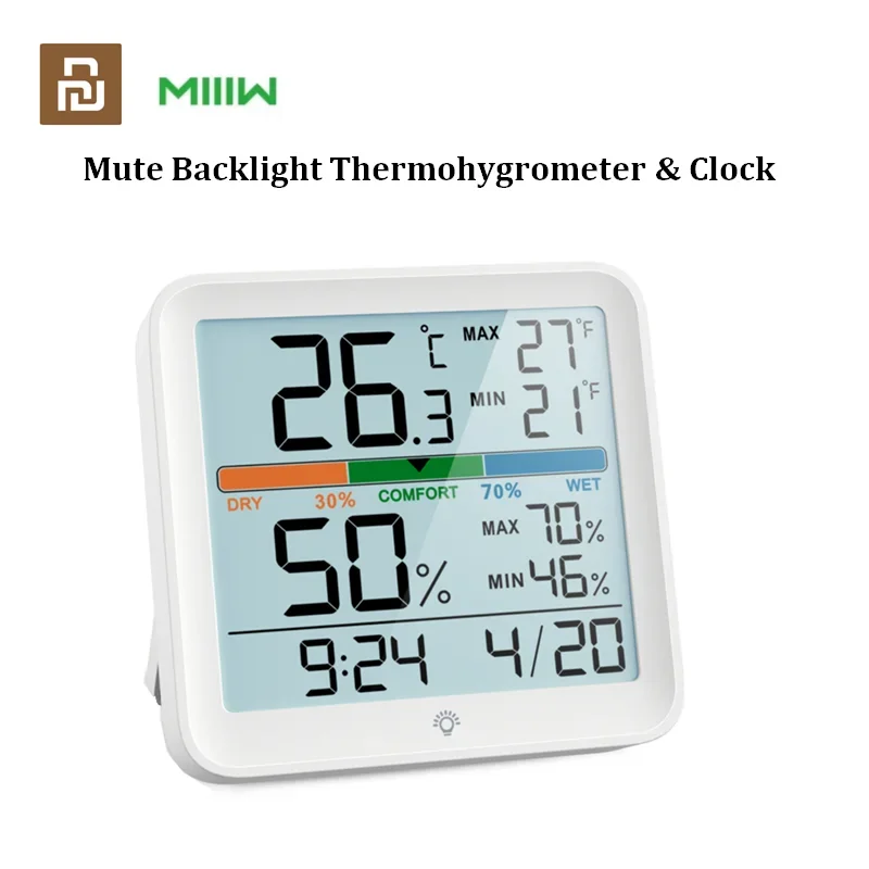 Miiiw كتم درجة الحرارة والرطوبة على مدار الساعة المنزل داخلي عالية الدقة غرفة الطفل مراقبة درجة الحرارة شاشة LCD الخلفية