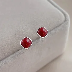 Buyee 925 Sterling Silver Small Stud Earring Natural Red Agate Stone Earring for Women Girl Fashion Bead Fine Jewelry Earring