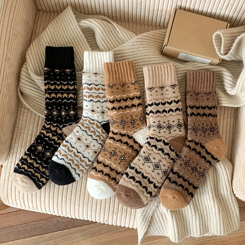 5 Pairs Vintage Men'S Socks Autumn Winter Fleece Socks Men'S Thick Warm Winter Socks Mid-Calf Socks Fashion Versatile Socks Men