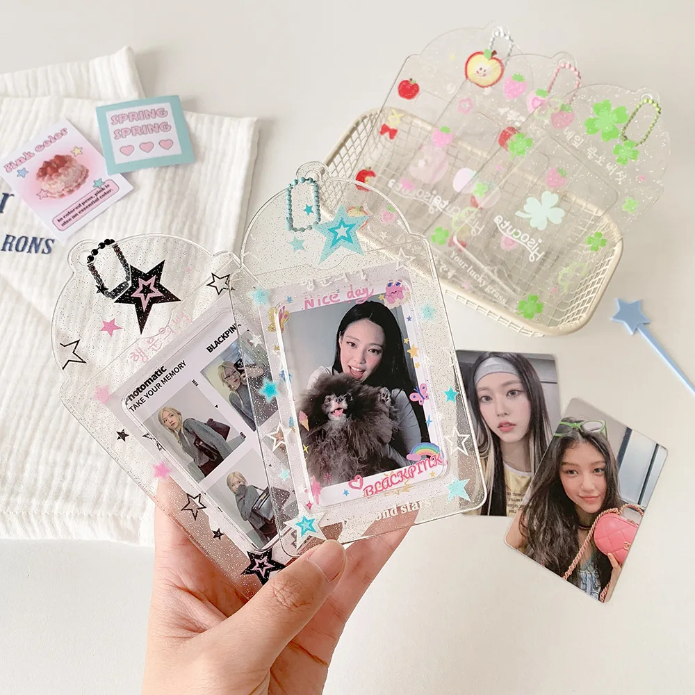 Summer Glitter Transparent 3‑Inch Cartoon Fruit Photocard Holder Student Meal Card Protective Pouch for Girls