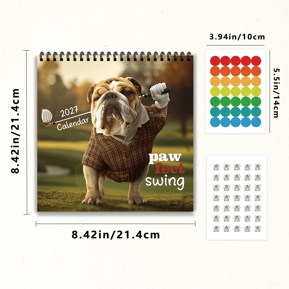 1pc 2027 Golf Dog Wall Calendar,12‑Month Planner,Gift For Back‑to‑School,Christmas,New Year,Free Stickers Included