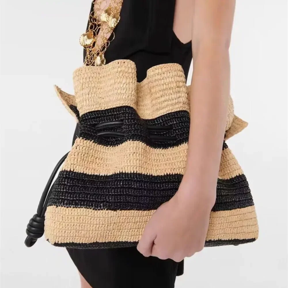 Straw Stripe Crochet Knitted Shoulder Bags Women Fashion Luxury Designer Handbags Female Girls Vintage Versatile Crossbody Bag