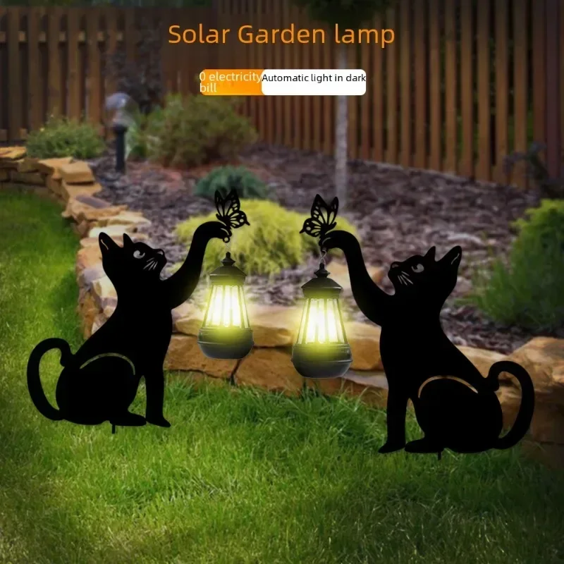 Garden Cat Solar Iron Art Light Outdoor Solar LED Landscape Lights Garden Decor Ornaments Lawn Projection Ambient Lighting