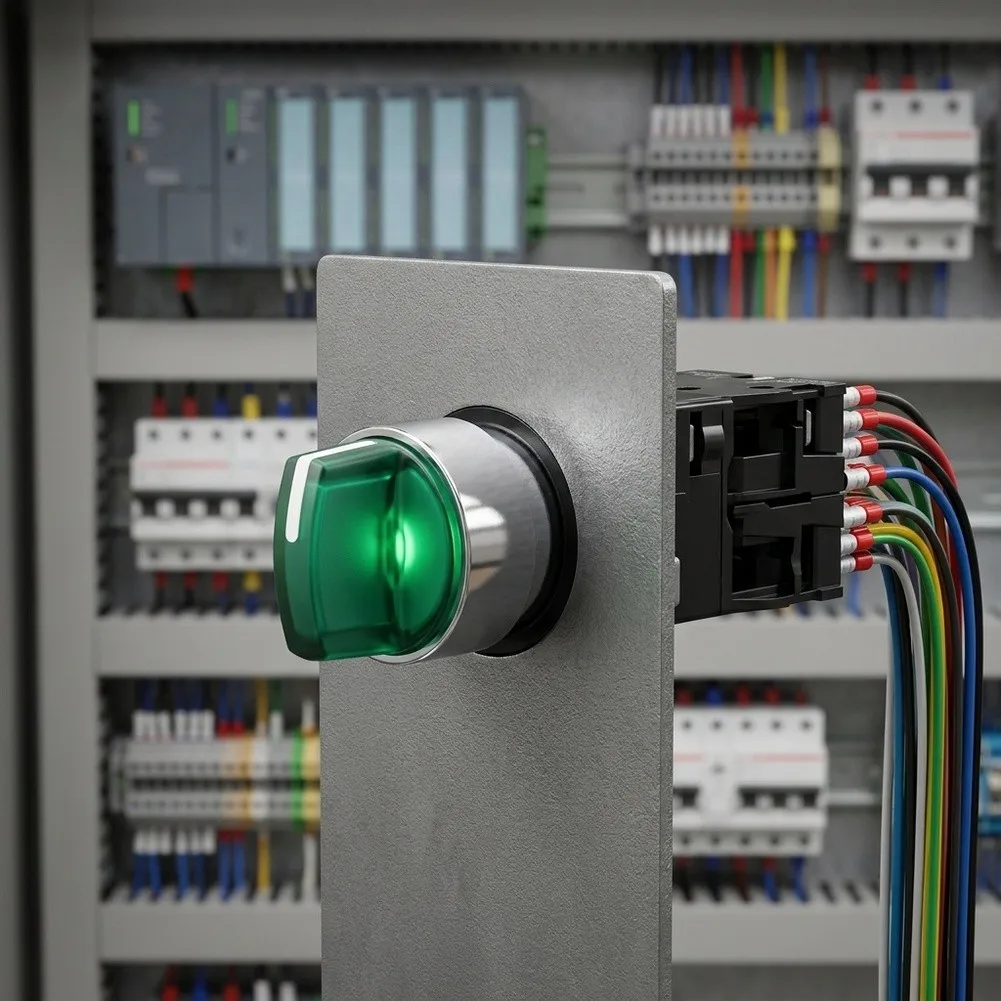Green LED Illuminated Three Position Rotary Switch for Industrial Use with 10A Rating and Multiple Voltage Support