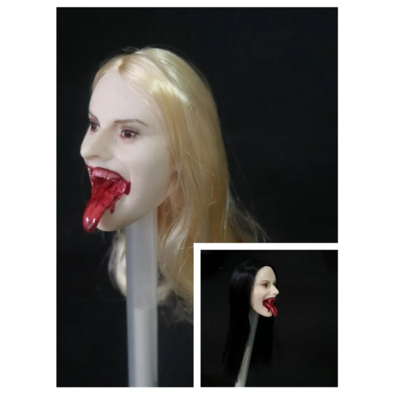 

1/6 Scale Female Soldier Black Long Straight Hair Tongue Spitting Devil Head Sculpt Model for 12" PH Pale Skin Body