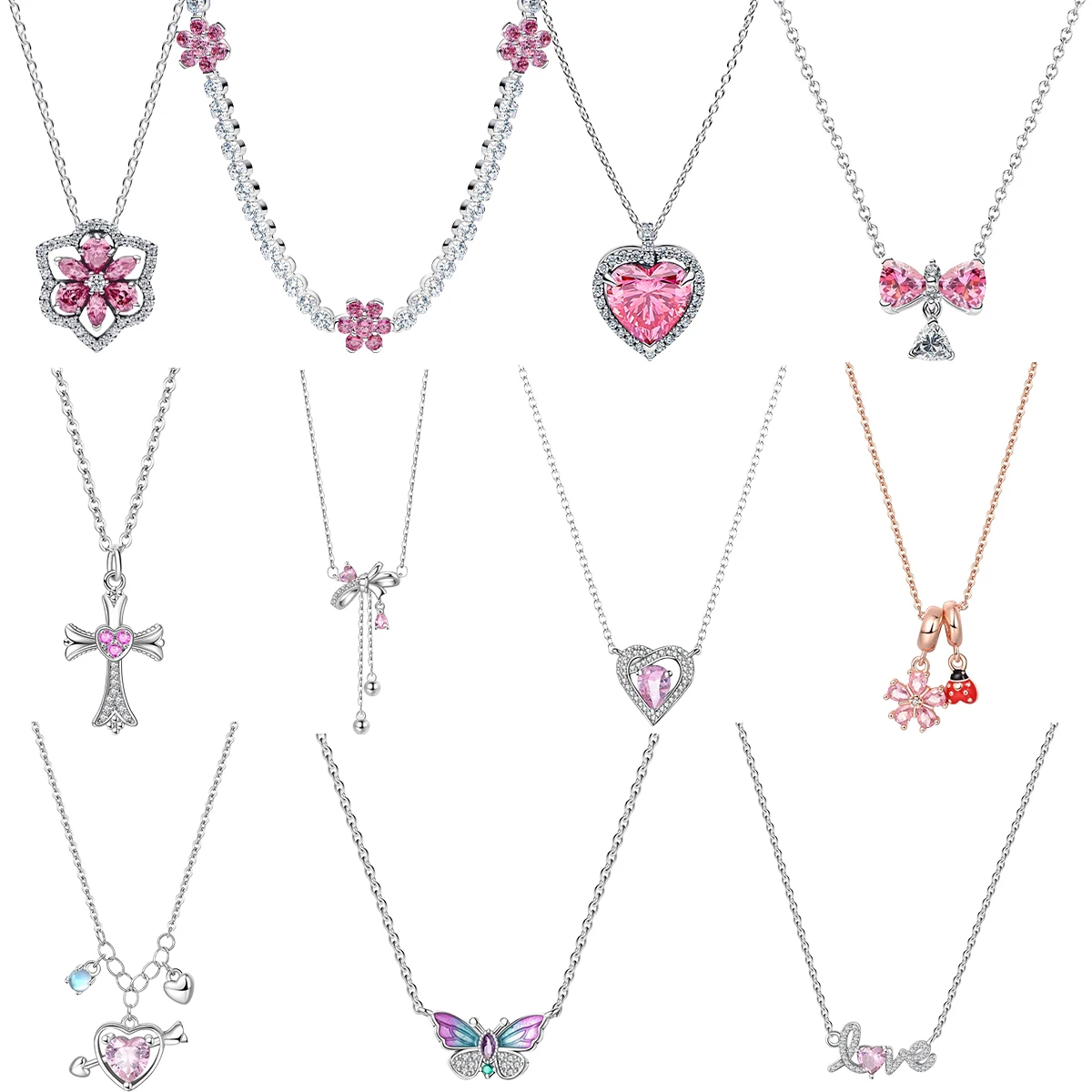 Colar Original de Prata Esterlina 925 com Trevo de Quatro Folhas, Borboleta, Coração, Laço e Flor para Mulheres, Presente de Dia dos Namorados.